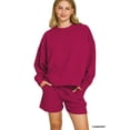 thumbnail image 1 of Zenana Women & Plus Size Ribbed Round Neck Long Sleeve Pullover Tee Shirt & Banded Waist Drawstring Shorts Set, 1 of 7