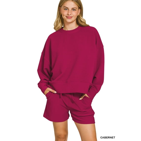 Zenana Women & Plus Size Ribbed Round Neck Long Sleeve Pullover Tee Shirt & Banded Waist Drawstring Shorts Set