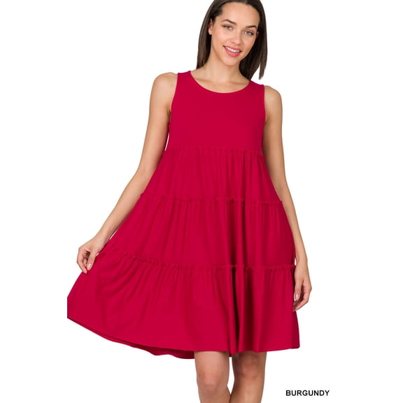 Zenana Women's Plus Size Sleeveless Jersey Ruffle Tiered Knee Length Swing Midi Dress