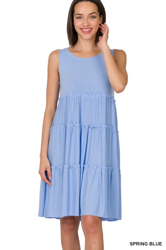 Women's Plus Size Sleeveless Jersey Ruffle Tiered Knee Length Swing Midi Dress