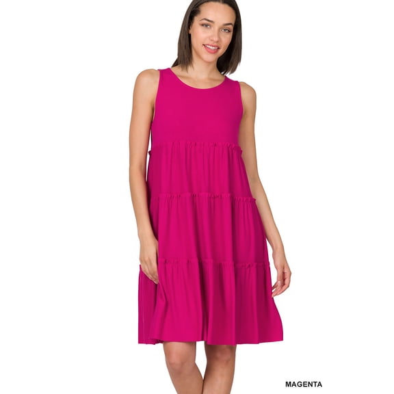 Zenana Women's Plus Size Sleeveless Jersey Ruffle Tiered Knee Length Swing Midi Dress