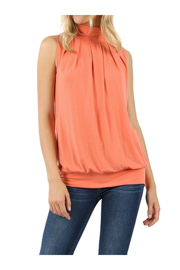 Women & Plus Sleeveless Mock-TurtleNeck Pleated Top with Waistband