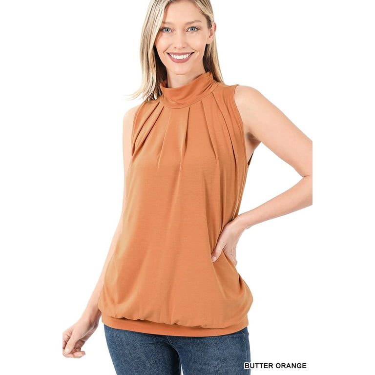 Zenana Women & Plus Sleeveless Mock-TurtleNeck Pleated Top with Waistband 