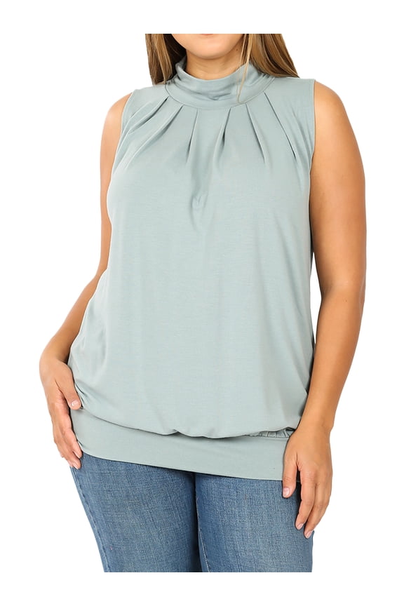 Women & Plus Sleeveless Mock-TurtleNeck Pleated Top with Waistband