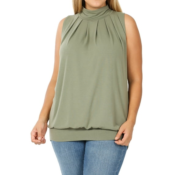 Zenana Women & Plus Sleeveless Mock-TurtleNeck Pleated Top with Waistband
