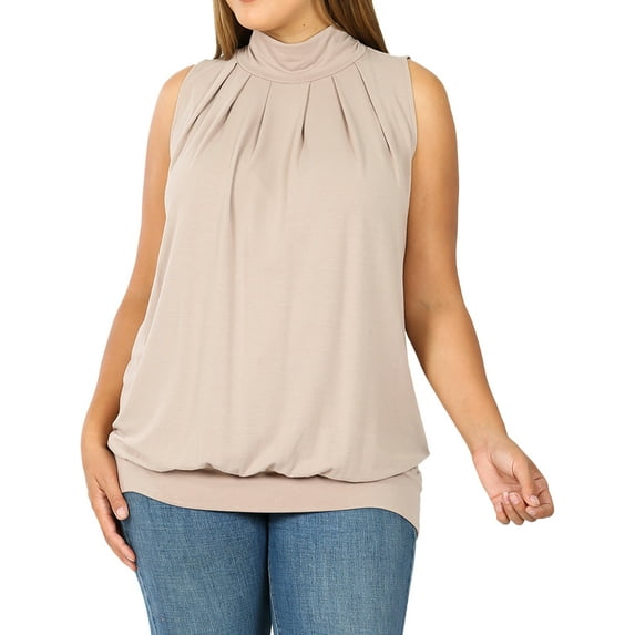 Zenana Women & Plus Sleeveless Mock-TurtleNeck Pleated Top with Waistband