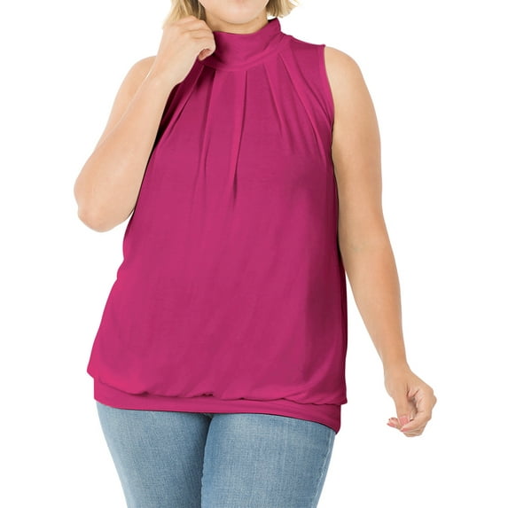 Zenana Women & Plus Sleeveless Mock-TurtleNeck Pleated Top with Waistband