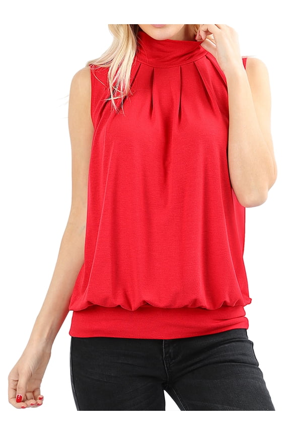 Women & Plus Sleeveless Mock-TurtleNeck Pleated Top with Waistband