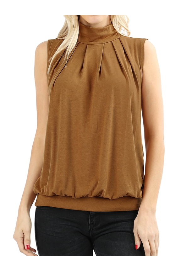 Women & Plus Sleeveless Mock-TurtleNeck Pleated Top with Waistband