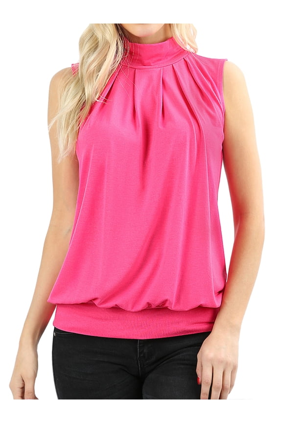 Women & Plus Sleeveless Mock-TurtleNeck Pleated Top with Waistband