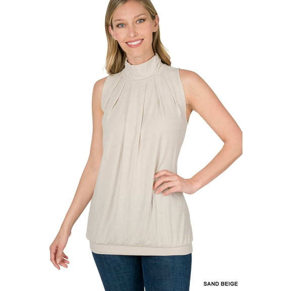 Zenana Women & Plus Sleeveless Mock-TurtleNeck Pleated Top with Waistband