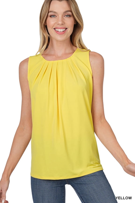 Women & Plus Slim Fit Round Neck Sleeveless Front Neck Pleated Blouse Tops w/Keyhole Back
