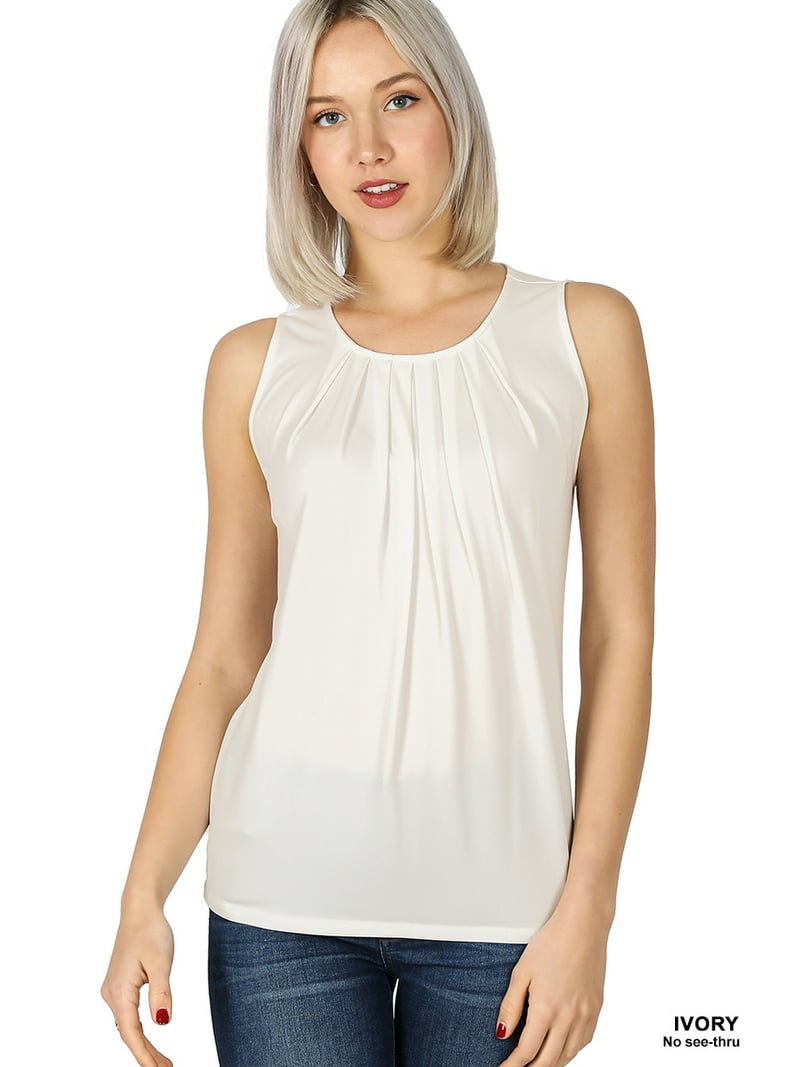 Zenana Women \u0026 Plus Slim Fit Round Neck Sleeveless Front Neck Pleated Blouse  Tops w/Keyhole Back - Walmart.com, image size:800x1067