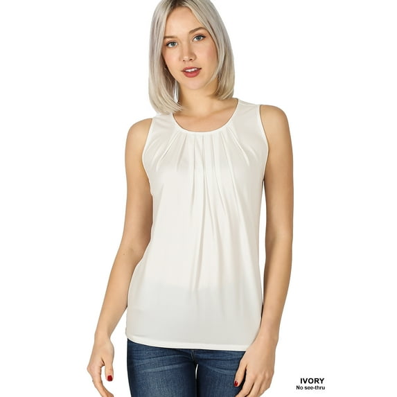 Zenana Women & Plus Slim Fit Round Neck Sleeveless Front Neck Pleated Blouse Tops w/Keyhole Back