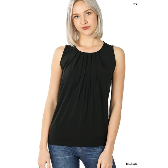 Zenana Women & Plus Slim Fit Round Neck Sleeveless Front Neck Pleated Blouse Tops w/Keyhole Back