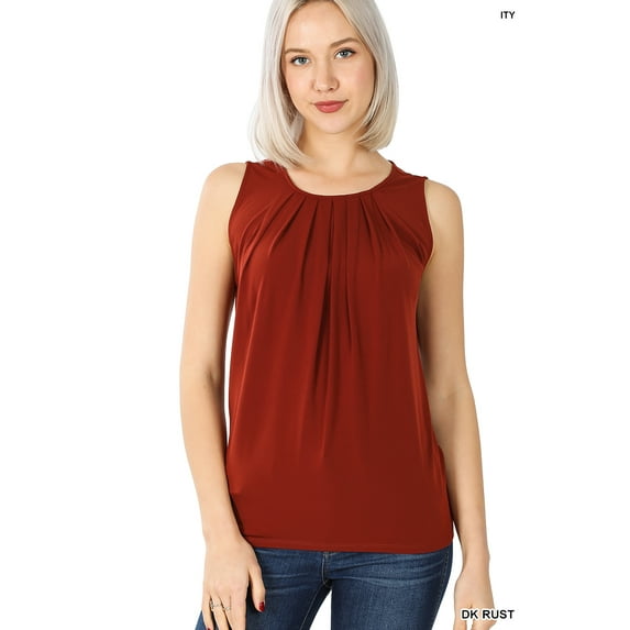 Zenana Women & Plus Slim Fit Round Neck Sleeveless Front Neck Pleated Blouse Tops w/Keyhole Back