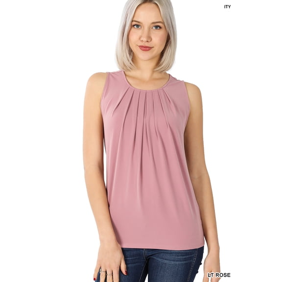 Zenana Women & Plus Slim Fit Round Neck Sleeveless Front Neck Pleated Blouse Tops w/Keyhole Back