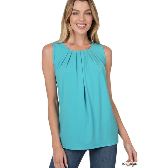 Zenana Women & Plus Slim Fit Round Neck Sleeveless Front Neck Pleated Blouse Tops w/Keyhole Back