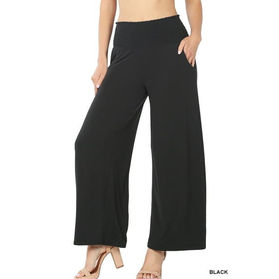 Zenana Women & Plus Smocked Wide Waistband Flared Bottom Casual Lounge Gaucho Pants