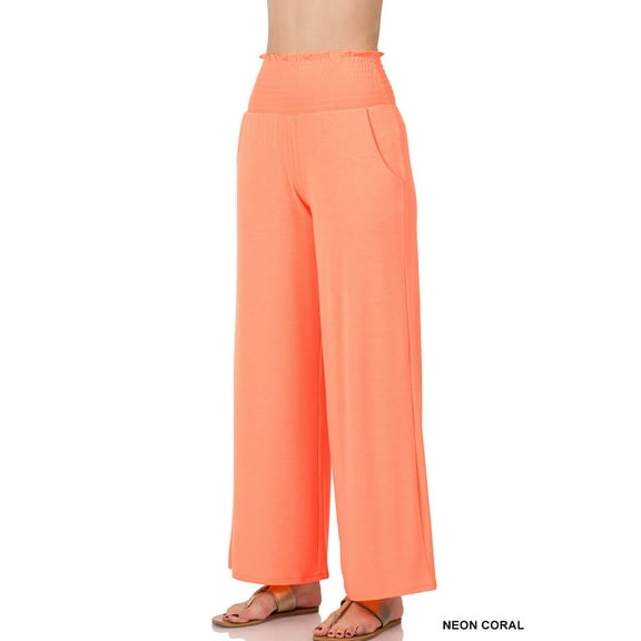 Zenana Women & Plus Smocked Wide Waistband Flared Bottom Casual Lounge Gaucho Pants
