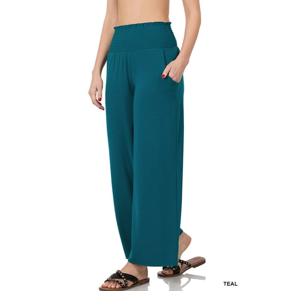 Zenana Women & Plus Smocked Wide Waistband Flared Bottom Casual Lounge Gaucho Pants