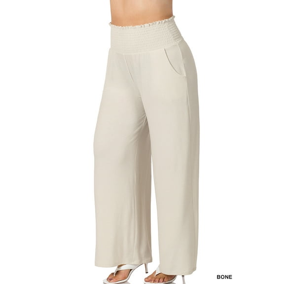 Zenana Women & Plus Smocked Wide Waistband Flared Bottom Casual Lounge Gaucho Pants