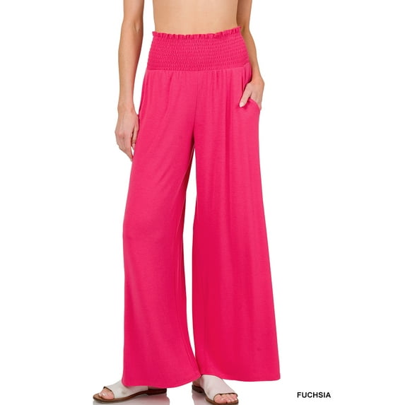 Zenana Women & Plus Smocked Wide Waistband Flared Bottom Casual Lounge Gaucho Pants