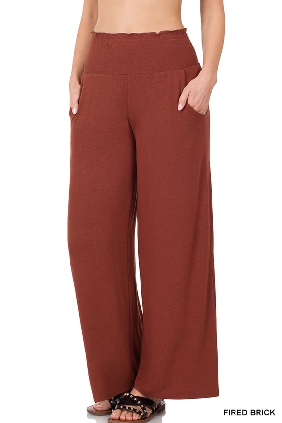 Women & Plus Smocked Wide Waistband Flared Bottom Casual Lounge Gaucho Pants