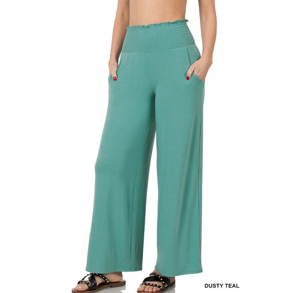 Zenana Women & Plus Smocked Wide Waistband Flared Bottom Casual Lounge Gaucho Pants