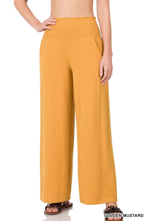 Women & Plus Smocked Wide Waistband Flared Bottom Casual Lounge Gaucho Pants