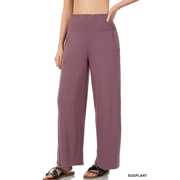Zenana Women & Plus Smocked Wide Waistband Flared Bottom Casual Lounge Gaucho Pants