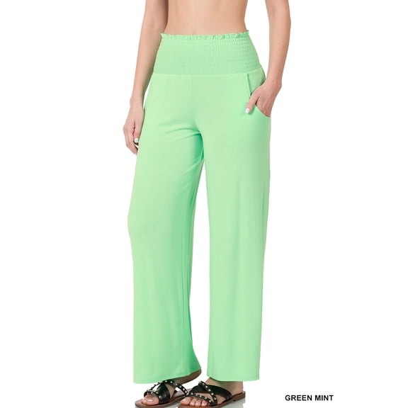 Zenana Women & Plus Smocked Wide Waistband Flared Bottom Casual Lounge Gaucho Pants