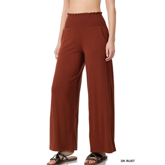Zenana Women & Plus Smocked Wide Waistband Flared Bottom Casual Lounge Gaucho Pants