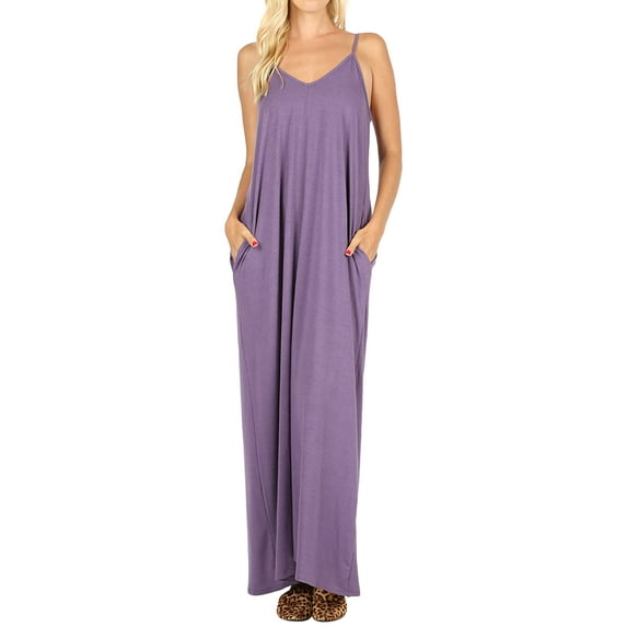 Zenana Women & Plus V-Neck Draped Jersey Beach Summer Cami Long Maxi Dress with Side Pockets