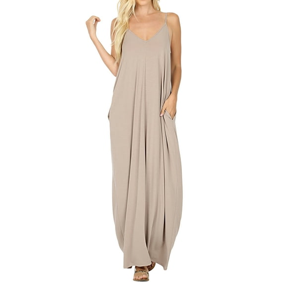 Zenana Women & Plus V-Neck Draped Jersey Beach Summer Cami Long Maxi Dress with Side Pockets