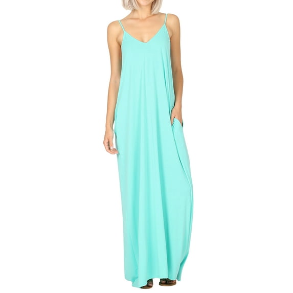 Zenana Women & Plus V-Neck Draped Jersey Beach Summer Cami Long Maxi Dress with Side Pockets
