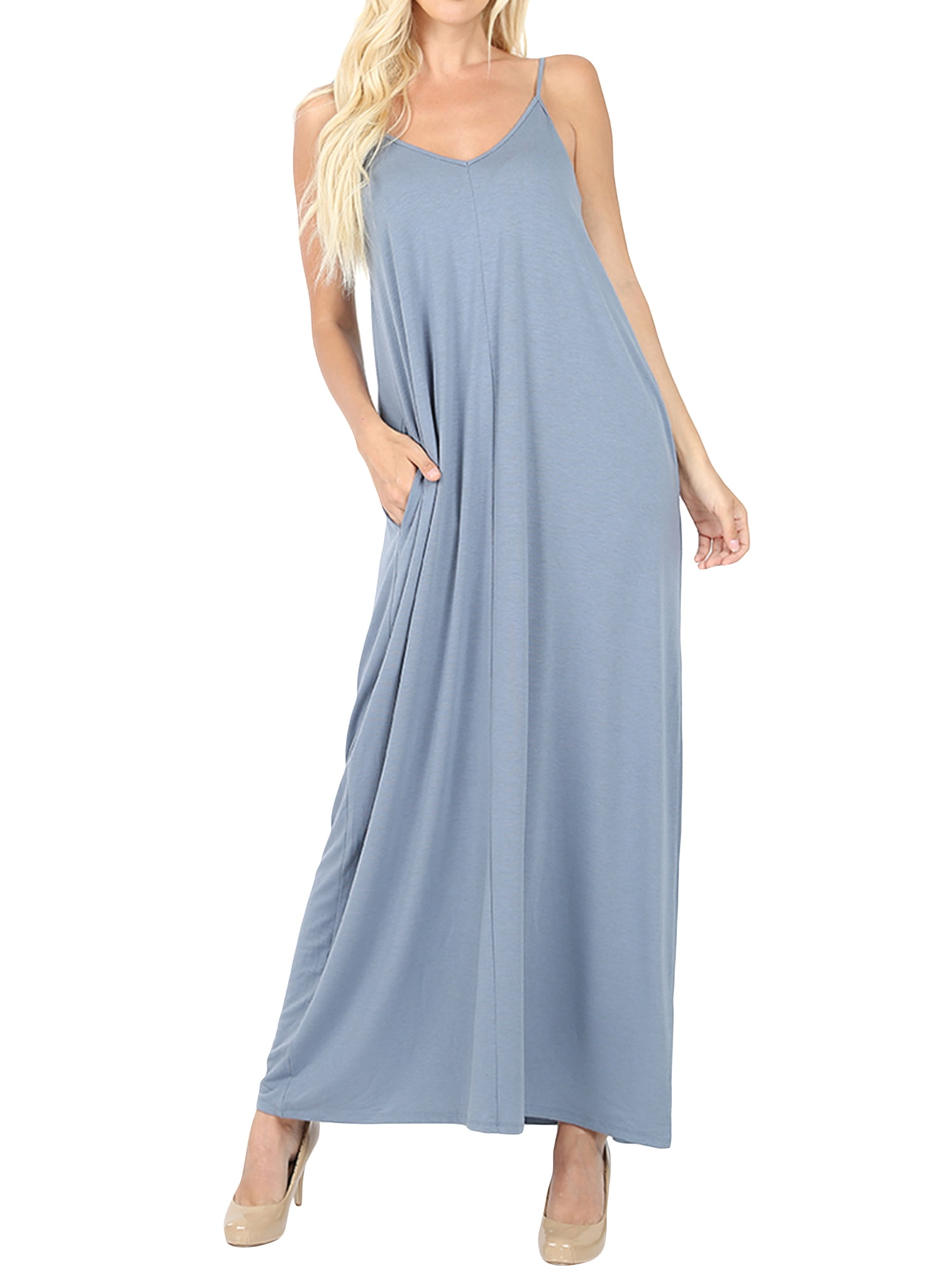 Zenana Crinkle Cami Maxi Dress with Side Pockets Women’s Summer Boho S‑L