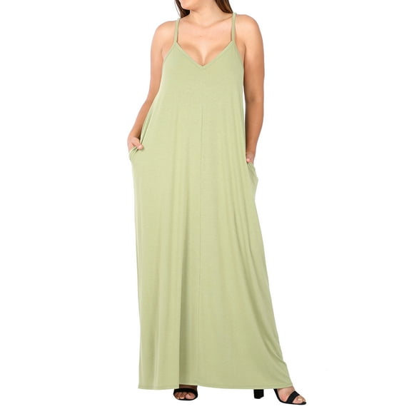 Zenana Women & Plus V-Neck Draped Jersey Beach Summer Cami Long Maxi Dress with Side Pockets
