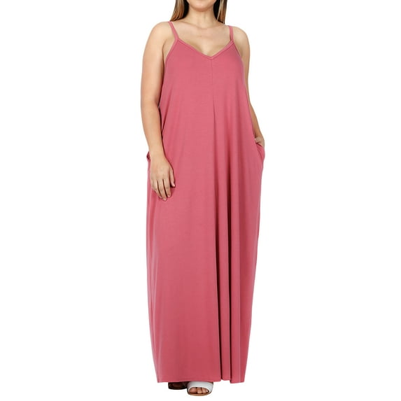Zenana Women & Plus V-Neck Draped Jersey Beach Summer Cami Long Maxi Dress with Side Pockets