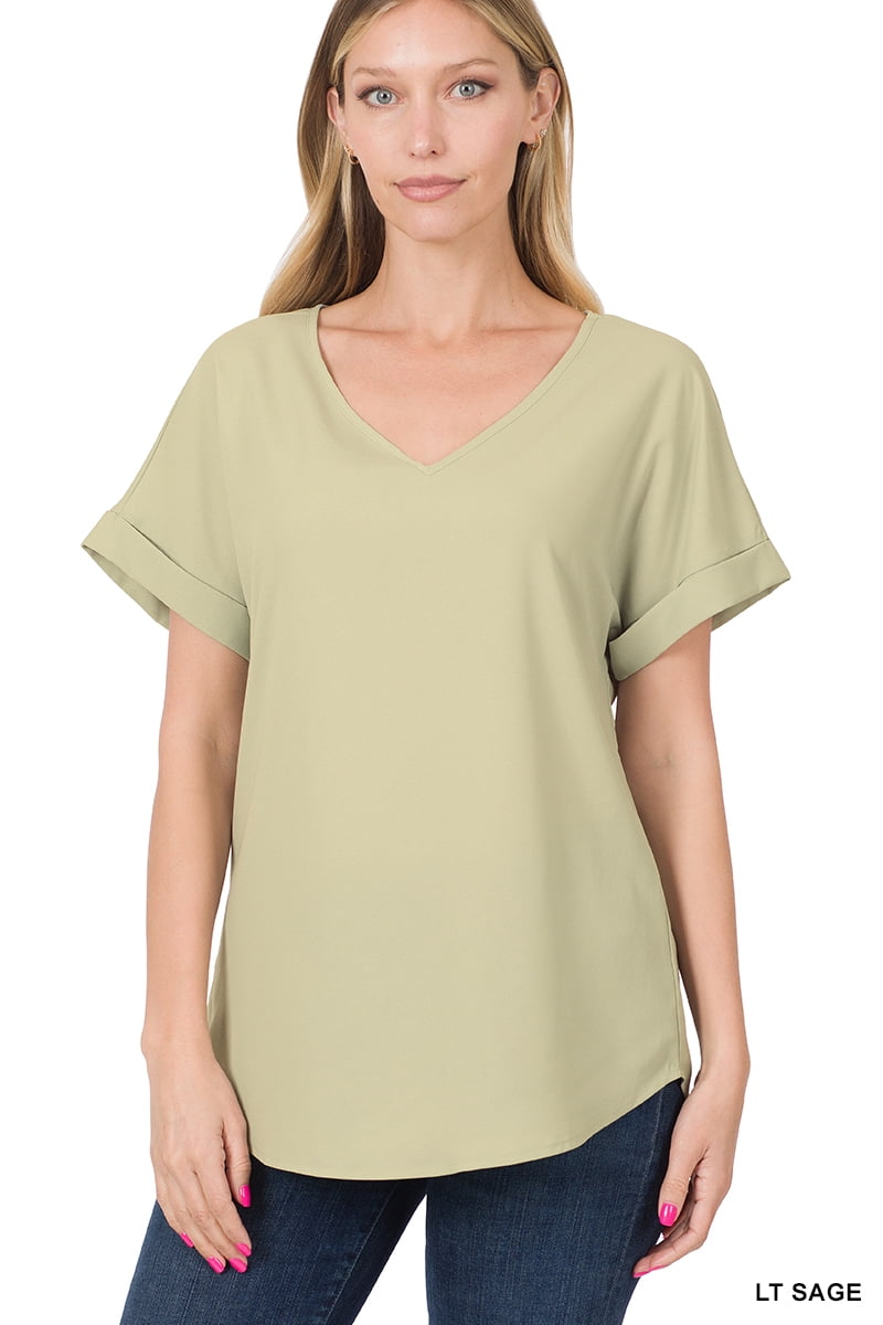 Zenana Women & Plus VNeck Heavy Dobby Boat Neck Rolled Short Sleeve