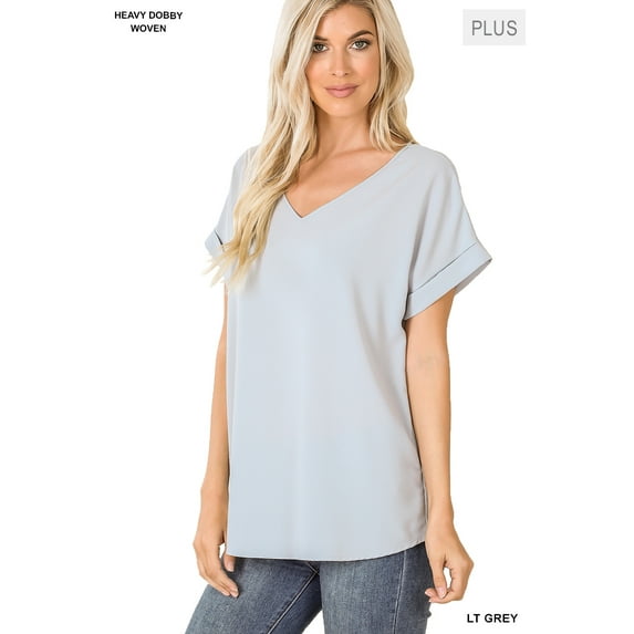 Zenana Women & Plus V-Neck Heavy Dobby Boat Neck Rolled Short Sleeve Blouse Top