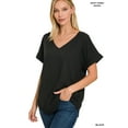 thumbnail image 1 of Zenana Women & Plus V-Neck Heavy Dobby Boat Neck Rolled Short Sleeve Blouse Top, 1 of 4