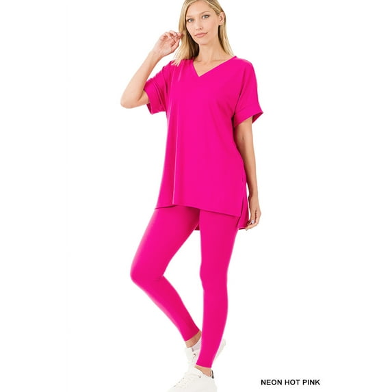 Zenana Women & Plus V-Neck Short Sleeve & Leggings Comfy Loungewear Activewear Set