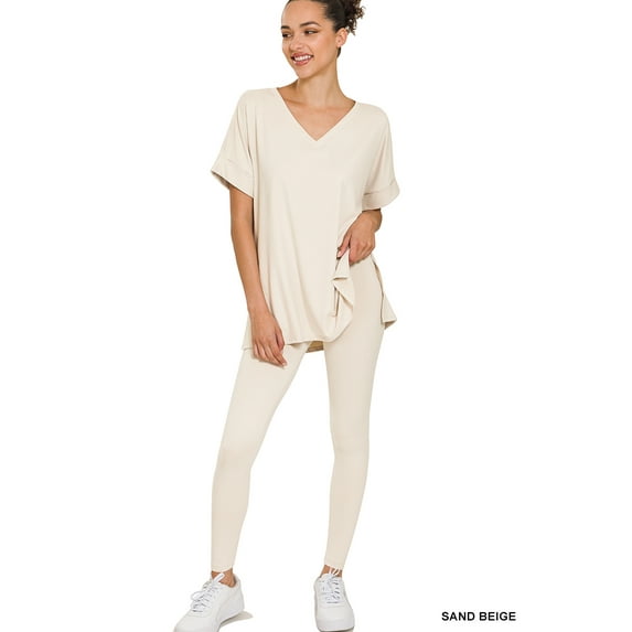 Zenana Women & Plus V-Neck Short Sleeve & Leggings Comfy Loungewear Activewear Set