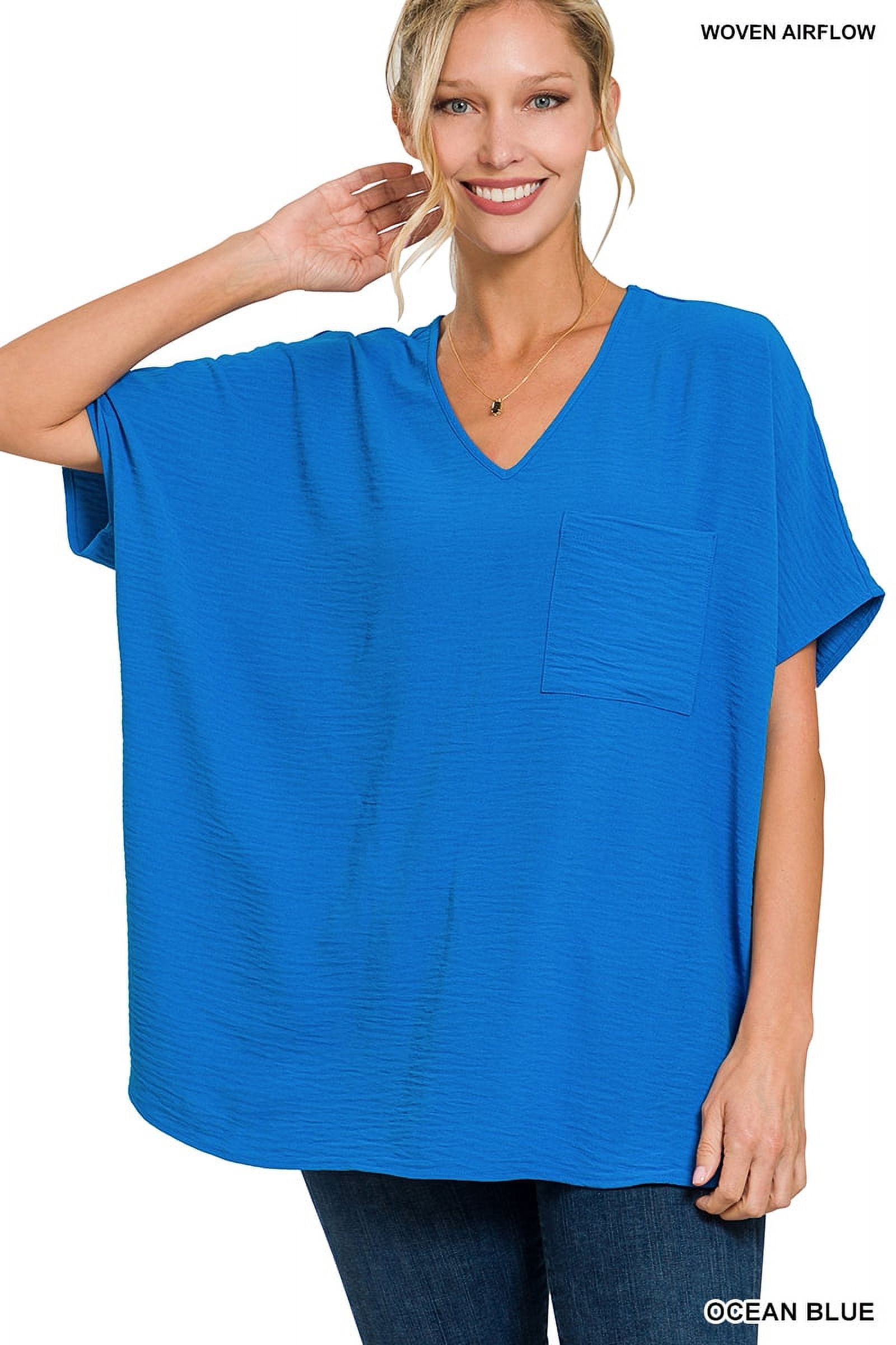 Zenana Women & Plus V Neck Woven Airflow Dolman Short Sleeve Blouse Top  with Front Pocket