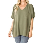 Zenana Women & Plus V Neck Woven Airflow Dolman Short Sleeve Blouse Top with Front Pocket