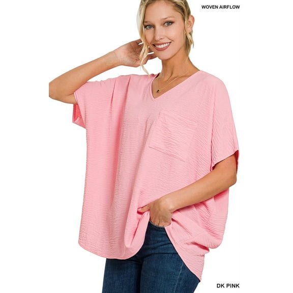 Zenana Women & Plus V Neck Woven Airflow Dolman Short Sleeve Blouse Top with Front Pocket