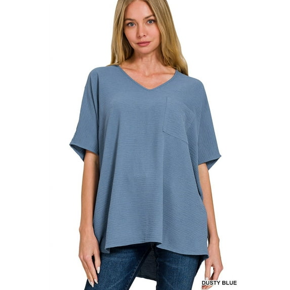 Zenana Women & Plus V Neck Woven Airflow Dolman Short Sleeve Blouse Top with Front Pocket