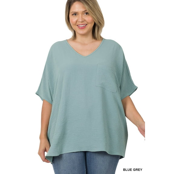 Zenana Women & Plus V Neck Woven Airflow Dolman Short Sleeve Blouse Top with Front Pocket