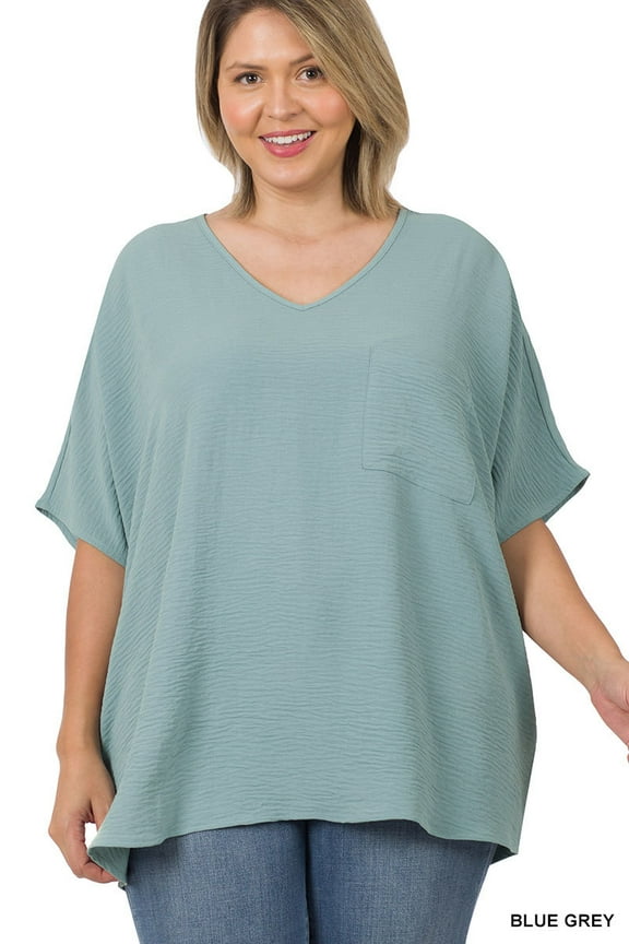 Women & Plus V Neck Woven Airflow Dolman Short Sleeve Blouse Top with Front Pocket
